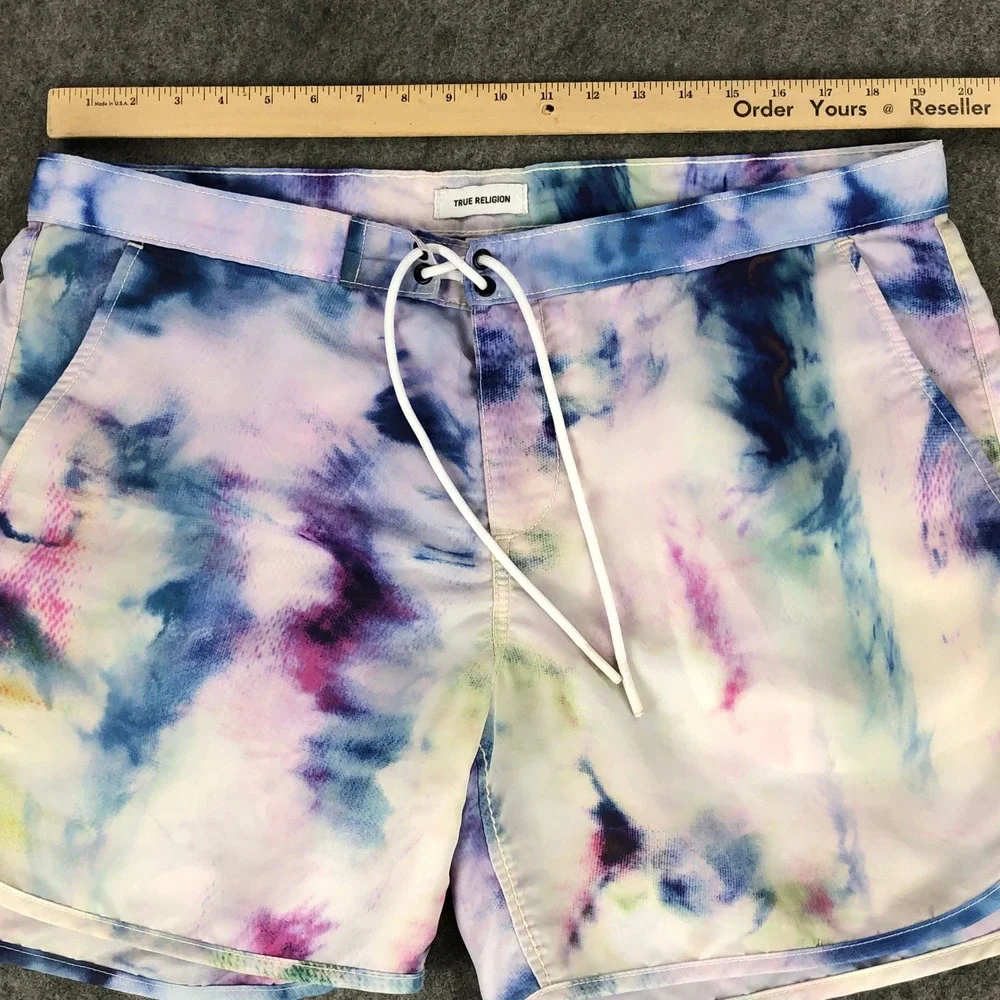 True Religion Board Shorts Mens 36 Tie Dye Swim Trunks Drawstring Zipper Beach